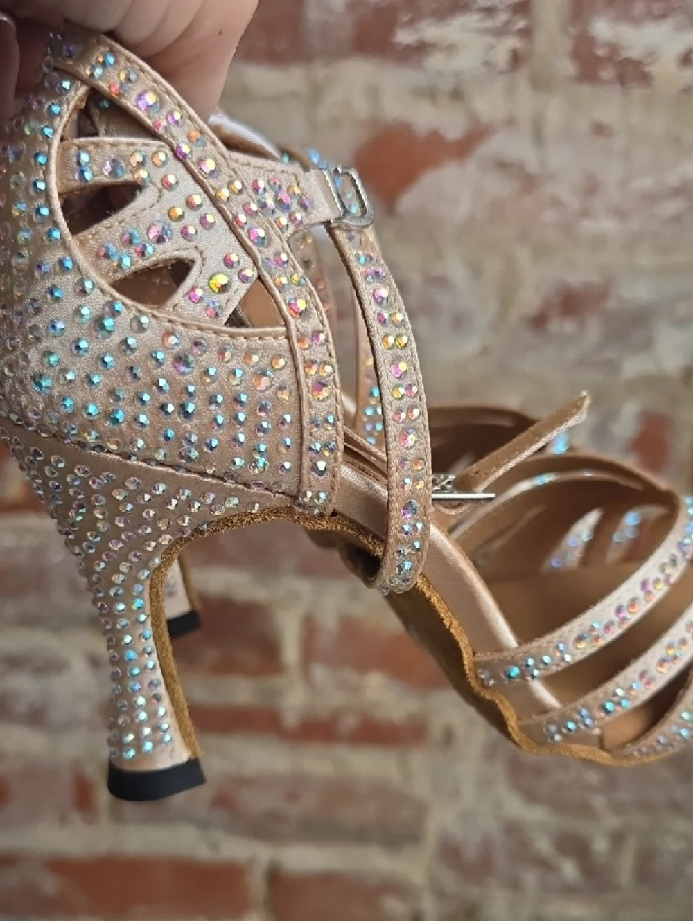 Crystal Embellished Tan Strappy Evening Heels - Picture 3 of 7